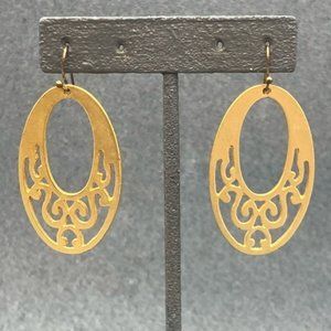 Dangle Pierced Earrings Gold Hoop Openwork Oval Scroll Retro Soft Girl Hook BoHo